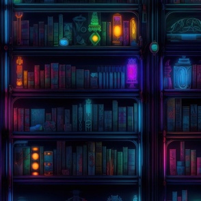 Spooky Photo-realistic Dark Academia Bookshelves in Bright Neons with Glowing Lanterns