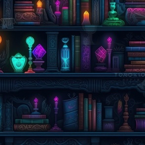 Spooky Photo-realistic Dark Academia Bookshelves in Bright Neons with Glowing Lanterns