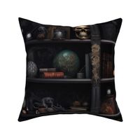 Spooky Photo-realistic Dark Academia Bookshelves in Muted Tones with Glowing Candles and Skulls