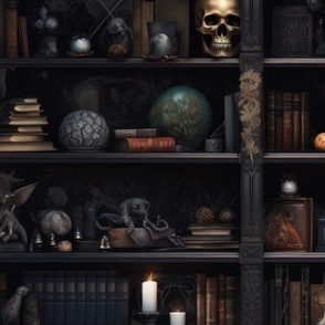 Spooky Photo-realistic Dark Academia Bookshelves in Muted Tones with Glowing Candles and Skulls