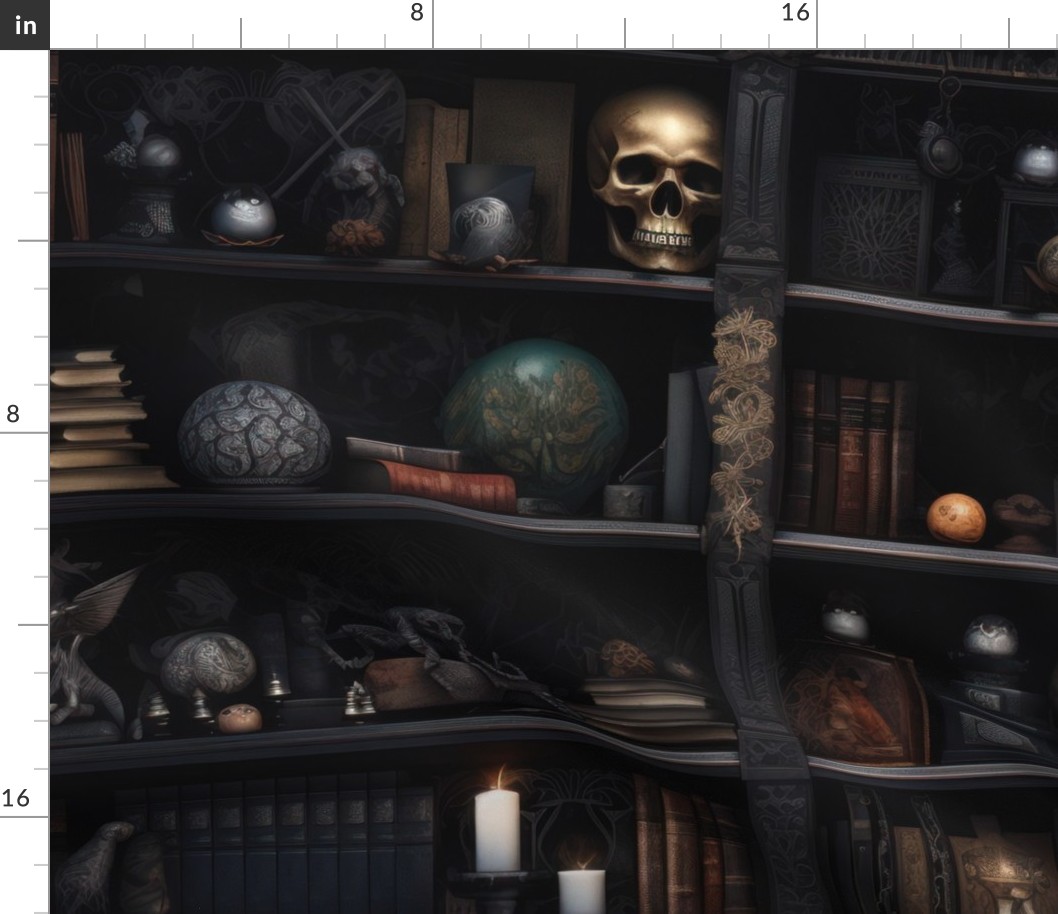 Spooky Photo-realistic Dark Academia Bookshelves in Muted Tones with Glowing Candles and Skulls