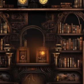 Spooky Photo-realistic Dark Academia Stampunk Bookshelves in Muted Tones with Glowing Candles and Skulls