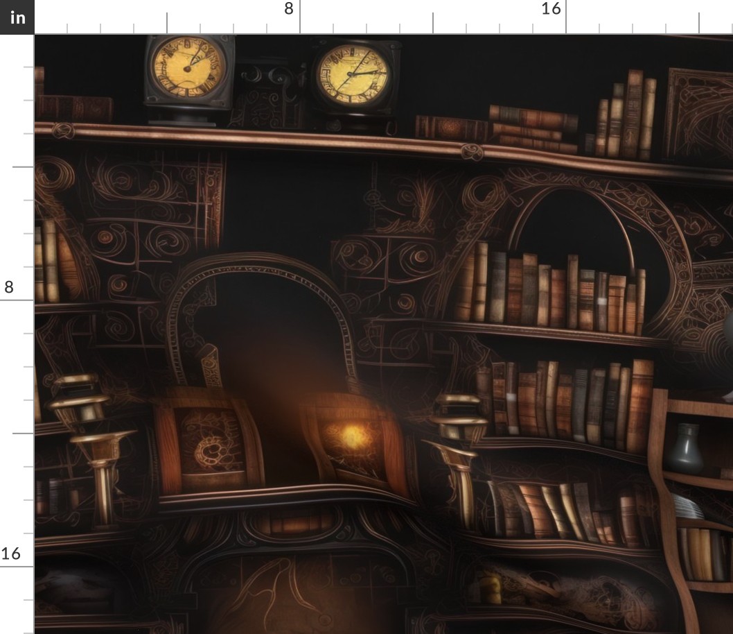 Spooky Photo-realistic Dark Academia Stampunk Bookshelves in Muted Tones with Glowing Candles and Skulls