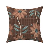 Peach Flowers Teal Leaves Brown Textured Background
