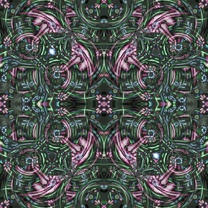 Textured Flower Mandala - Pink and Green on Green - Liquified