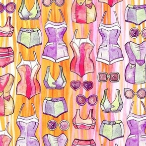 Retro Sixties Swimsuits and Sunnies on Stripes - medium