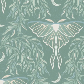 Luna Moths, Willow Leaves and Crescent Moons, Sage Green, Large