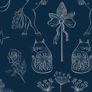 Jumbo scale whimsigothic ink cat with bird, flowers, unicorn, moon, stars on dark blue in line work