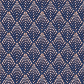 Coastal Chic - Half Drop Art Deco Diamonds -Navy on Pastel Salmon