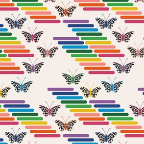 Rainbow Checkerboard Butterflies 70s Vintage Sportswear Geometric Medium Scale