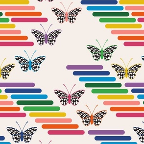 Rainbow Checkerboard Butterflies 70s Vintage Sportswear Geometric Large Scale