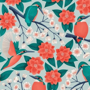 Kingfishers and camellias - 24” repeat