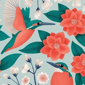 Kingfishers and camellias - 18” repeat