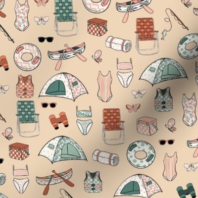 Lake Life Dark Cream Sand, Pink and Blue, Girl Pattern, Girls Room, Girls Fabric, Girls Bedding, Tent, Camping, Butterflies, Playroom, Girl Camping Fabric, Pastel Color