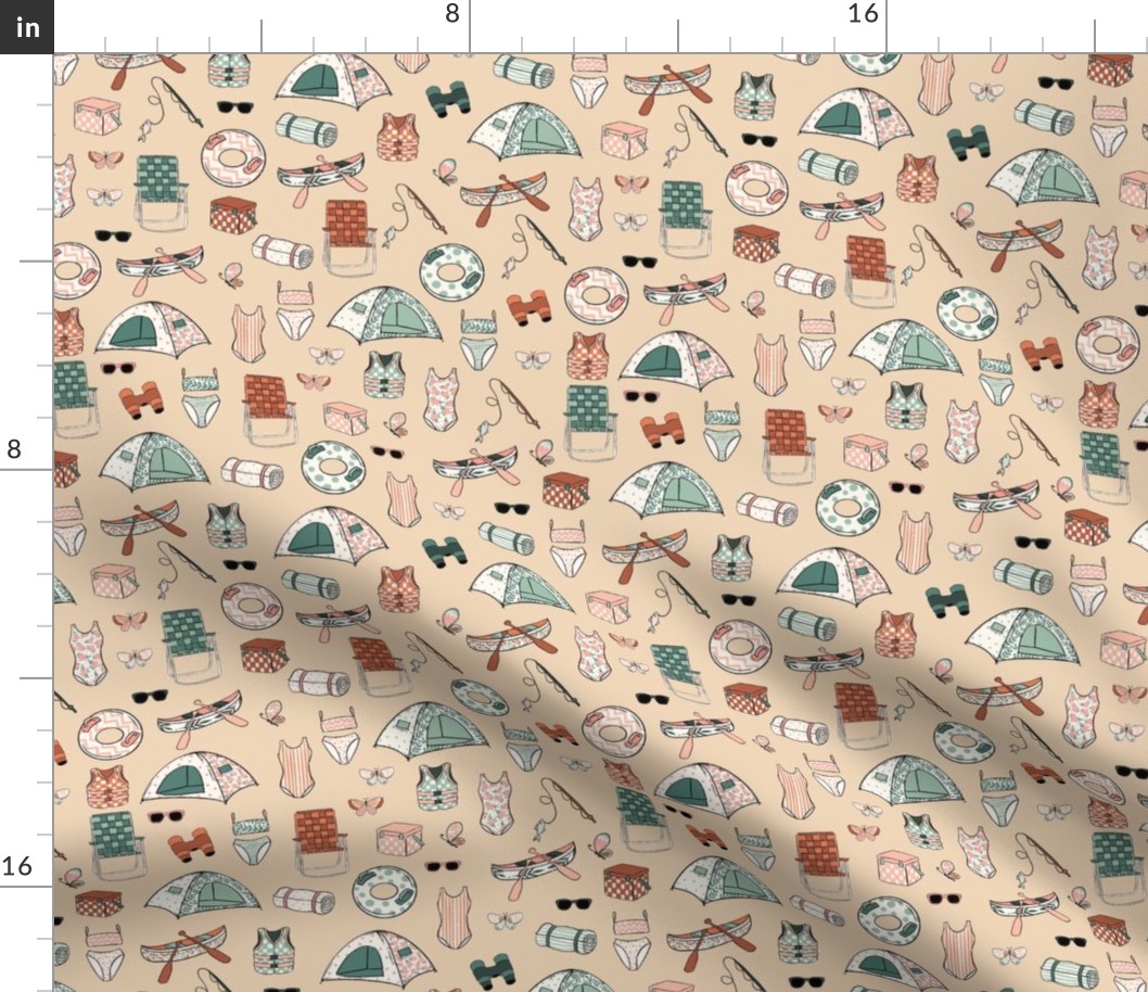 Lake Life Dark Cream Sand, Pink and Blue, Girl Pattern, Girls Room, Girls Fabric, Girls Bedding, Tent, Camping, Butterflies, Playroom, Girl Camping Fabric, Pastel Color