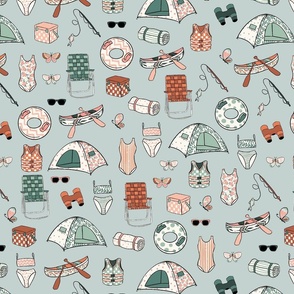 Large Preppy Girl Lake Life Mint Blue, Pink and Blue, Girl Pattern, Girls Room, Girls Fabric, Girls Bedding, Tent, Camping, Butterflies, Playroom, Girl Camping Fabric, Pastel Color