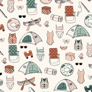 Large Preppy Girl Lake Life Ivory, Pink and Blue, Girl Pattern, Girls Room, Girls Fabric, Girls Bedding, Tent, Camping, Butterflies, Playroom, Girl Camping Fabric, Pastel Color