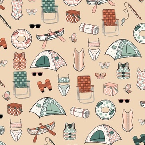 Large Preppy Girl Lake Life Dark Cream Sand, Pink and Blue, Girl Pattern, Girls Room, Girls Fabric, Girls Bedding, Tent, Camping, Butterflies, Playroom, Girl Camping Fabric, Pastel Color