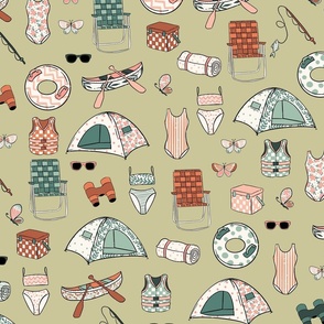 Large Preppy Girl Lake Life Green, Pink and Blue, Girl Pattern, Girls Room, Girls Fabric, Girls Bedding, Tent, Camping, Butterflies, Playroom, Girl Camping Fabric, Pastel Color