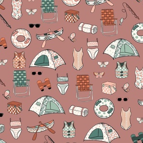 Large Preppy Girl Lake Life Rose Mauve, Dusty Mauve, Pink and Blue, Girl Pattern, Girls Room, Girls Fabric, Girls Bedding, Tent, Camping, Butterflies, Playroom, Girl Camping Fabric, Pastel Color