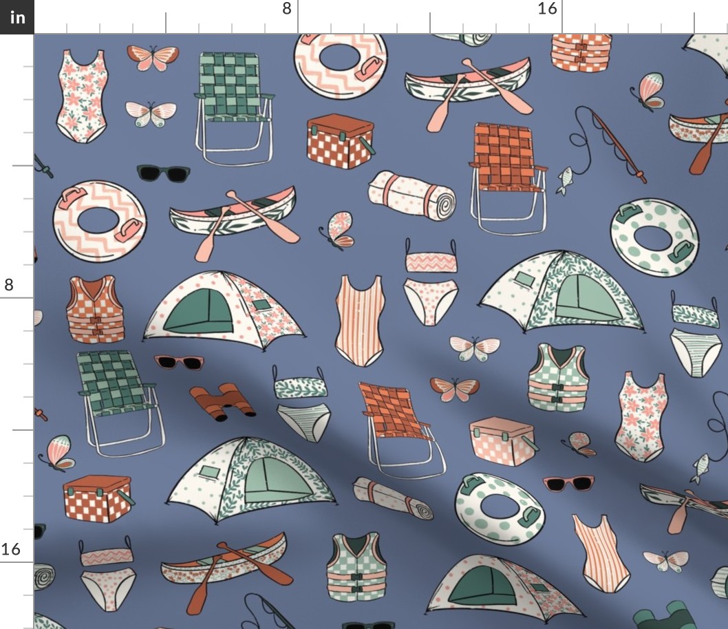 Large Lake Life Blue, Pink and Blue, Girl Pattern, Girls Room, Girls Fabric, Girls Bedding, Tent, Camping, Butterflies, Playroom, Girl Camping Fabric, Pastel Color