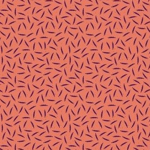 (S) Violet hand-drawn ditsy lines and dots on coral orange