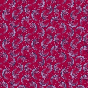 (S) Palm tree leaves in retro blue whimsical on bright raspberry red