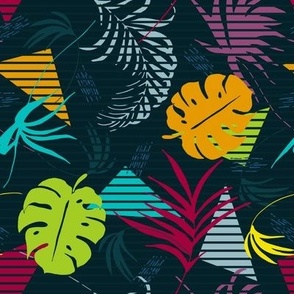 (M) Vintage colorful palm tree leaves and geometric shapes with textured lines on black