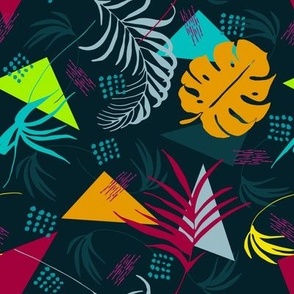 (M) Vintage colorful palm tree leaves and geometric shapes on black