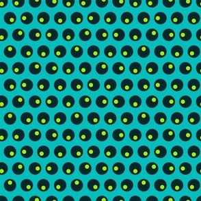 (S) Vintage black and citrine green polka dots on bright cerulean blue 