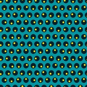 (S) Vintage black and yellow polka dots on cerulean blue 