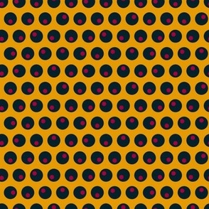 (S) Vintage black and red polka dots on bright marigold orange 