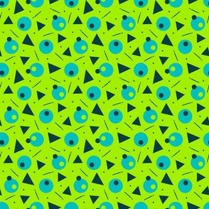 (S) Vintage cyan and black polka dots triangles and stripes on bright green