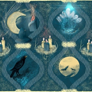 Witchy Melodies, crow, moon, bats, candles, crystals, gothic, blue and gold, 18"