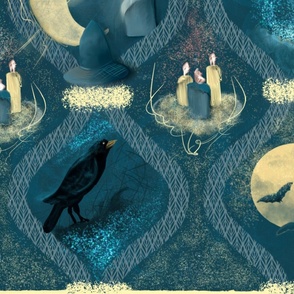 Witchy Melodies, crow, moon, bats, candles, crystals, gothic, blue and gold, 24"