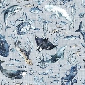 Watercolor Ocean Life Animals {on Blue Linen Texture} Baby Boy Nautical Nursery, Small Scale 6x6
