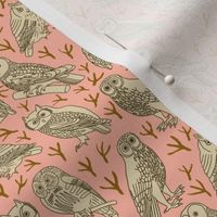 Owls and Bird Tracks on Pink | Small Version | Arts and Crafts Style Pattern with Woodland Creatures