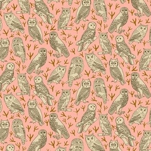 Owls and Bird Tracks on Pink | Small Version | Arts and Crafts Style Pattern with Woodland Creatures