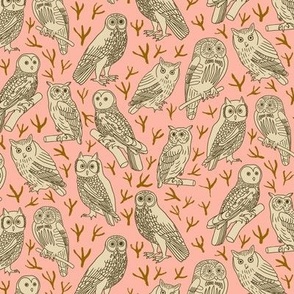 Owls and Bird Tracks on Pink | Medium Version | Arts and Crafts Style Pattern with Woodland Creatures