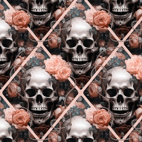 Skulls And Roses Gothic Romance Elegance Pattern Peach Grey