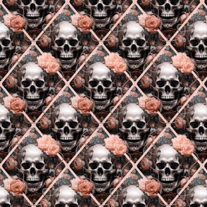 Skulls And Roses Gothic Romance Elegance Pattern Peach Grey Smaller Scale