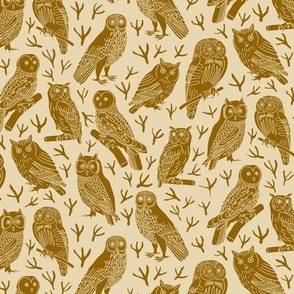 Brown Owls and Bird Tracks on Cream | Medium Version | Arts and Crafts Style Pattern with Woodland Creatures