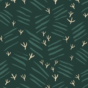  Bird Tracks and Scratches on Forest Green Background | Large Version | Arts and Crafts Style Pattern 