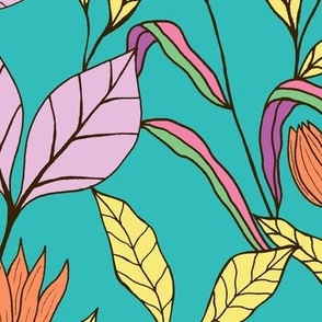 Tropical leaves and flowers in teal - Large scale