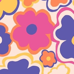 Hippie retro 70s flowers in pink, yellow and blue - Large scale