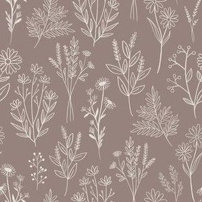 Boho Floral Line Art {Off White on Cinereous Taupe} Bohemian Flowers, Small Scale 6x6