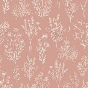Boho Floral Line Art {Off White on Dusty Rose} Bohemian Flowers, Small Scale 6x6