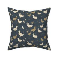 Medium Scale Rustic Hand Painted Lakeside/Farmyard Ducks in Navy Blue, Cream and Mustard Yellow  