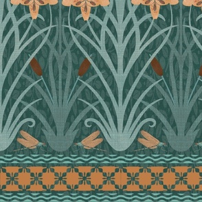 Lilies and Cattails // Green and Orange on Dark Green Background 