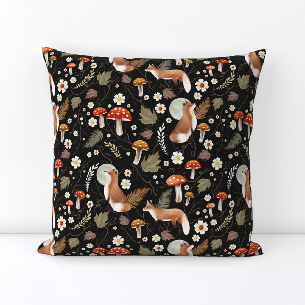 Autumn Foxes with Mushrooms and Toadstool on Midnight Black